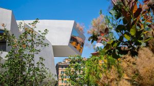 Struttura in cemento del MAXXI vista dal basso, con la vetrata che riflette un palazzo color ruggine. In primo piano, rami con foglie verdi e, sulla destra, infiorescenze piumose rosa chiaro, sfocate. Cielo azzurro con qualche nuvola sottile. Fotografia a colori.